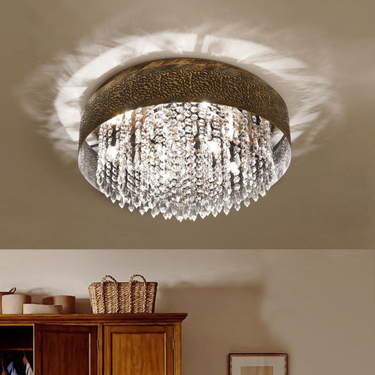 Antique Style Bronze Drum Flush Lamp With Crystal Accent 5/9 Light Iron Mount Ceiling - 16/19.5