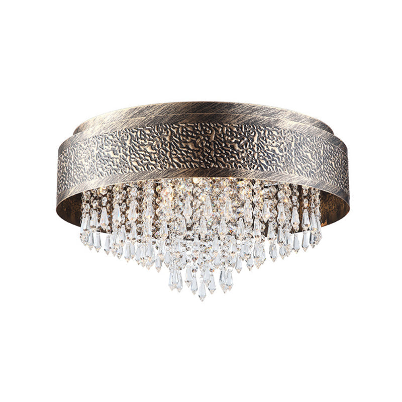 Antique Style Bronze Drum Flush Lamp With Crystal Accent 5/9 Light Iron Mount Ceiling - 16/19.5