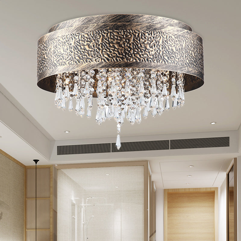 Antique Style Bronze Drum Flush Lamp With Crystal Accent 5/9 Light Iron Mount Ceiling - 16/19.5