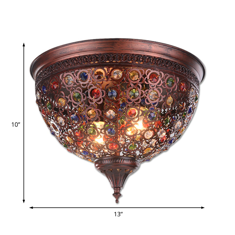 Plafonnier en métal vintage avec perle de cristal en cuivre patiné - Luminaire encastré à 2 lampes