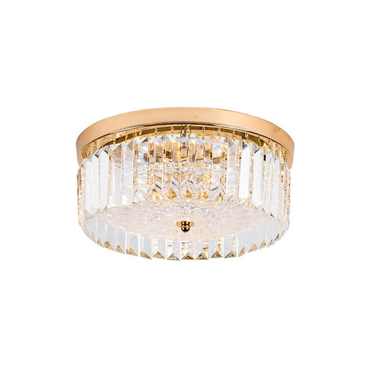 Modernist Metal Flush Mount Lamp With Led Drum Shade And Crystal Prism In Gold Finish - 14/18 Wide