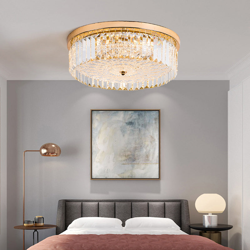 Modernist Metal Flush Mount Lamp With Led Drum Shade And Crystal Prism In Gold Finish - 14/18 Wide