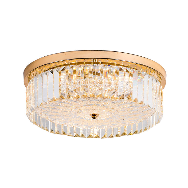 Modernist Metal Flush Mount Lamp With Led Drum Shade And Crystal Prism In Gold Finish - 14/18 Wide