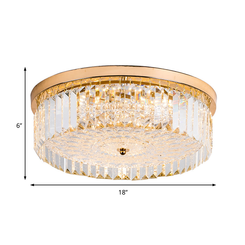 Lampe à encastrer en métal moderniste avec abat-jour tambour à LED et prisme en cristal en finition dorée - 14"/18" de large