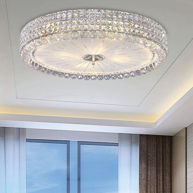 Contemporary Clear Crystal Multi-Head Flush Mount Ceiling Light In Chrome - 16/19.5 W Drum Lamp /