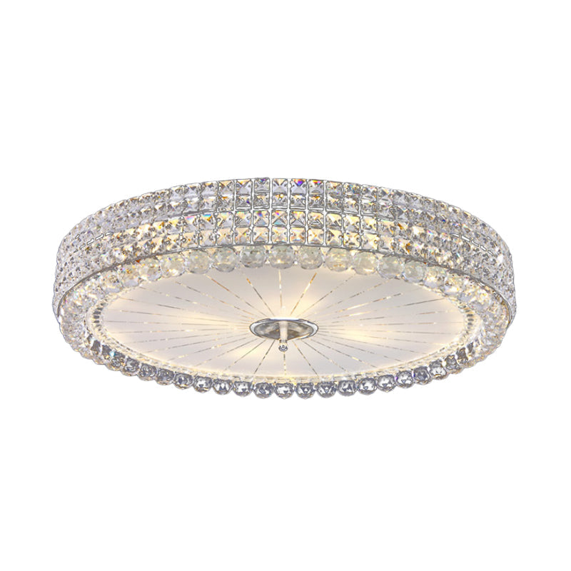 Contemporary Clear Crystal Multi-Head Flush Mount Ceiling Light In Chrome - 16/19.5 W Drum Lamp