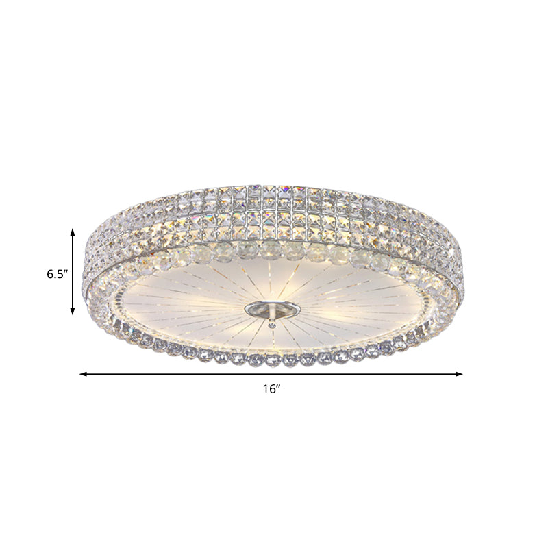 Contemporary Clear Crystal Multi-Head Flush Mount Ceiling Light In Chrome - 16/19.5 W Drum Lamp