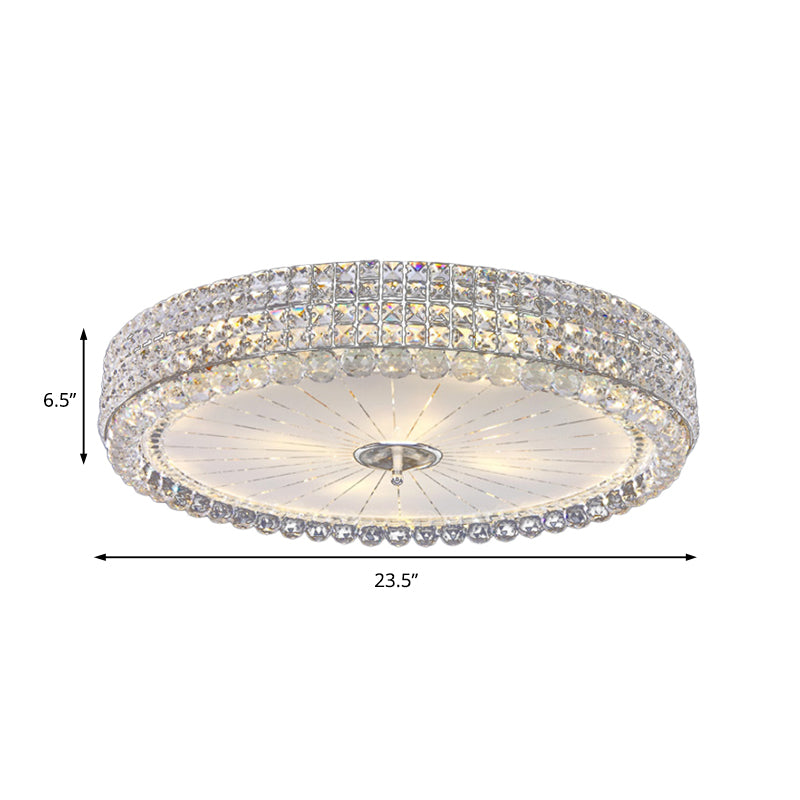 Contemporary Clear Crystal Multi-Head Flush Mount Ceiling Light In Chrome - 16/19.5 W Drum Lamp