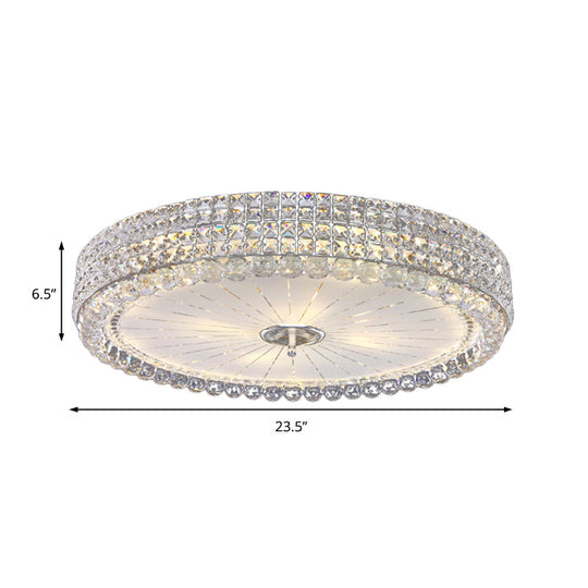 Contemporary Clear Crystal Multi-Head Flush Mount Ceiling Light In Chrome - 16/19.5 W Drum Lamp