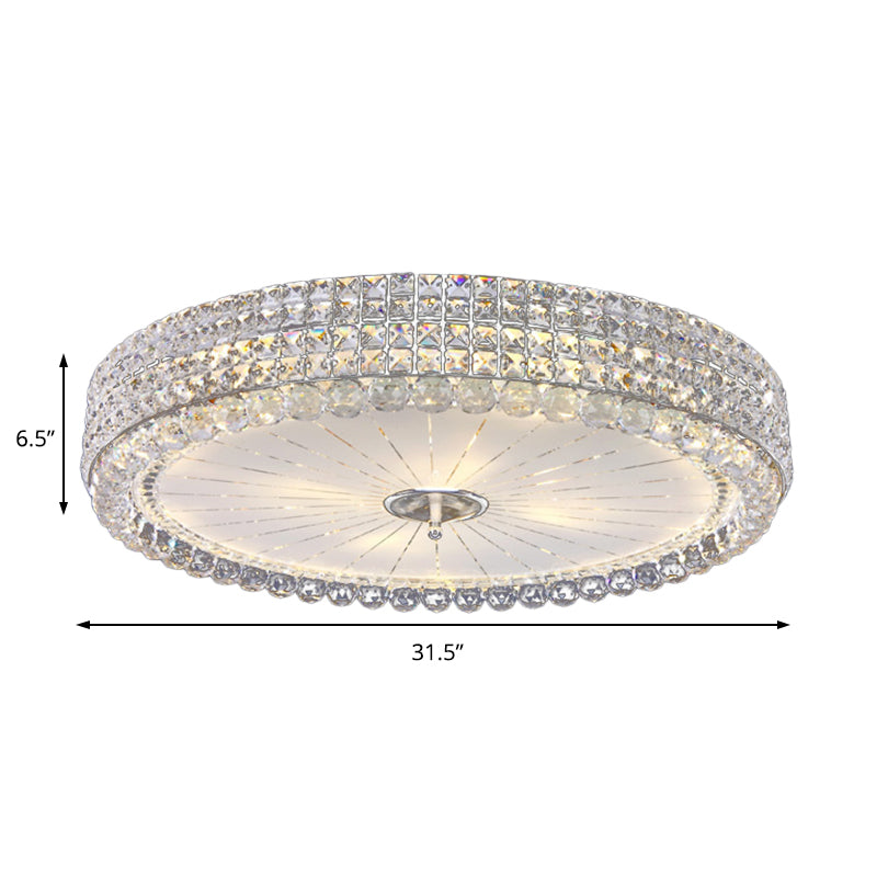 Contemporary Clear Crystal Multi-Head Flush Mount Ceiling Light In Chrome - 16/19.5 W Drum Lamp