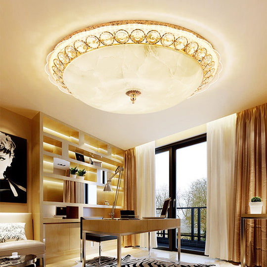 Modern Led Flush Ceiling Light With Textured Glass Bowl Crystal Accent In Gold - 12/16 Wide