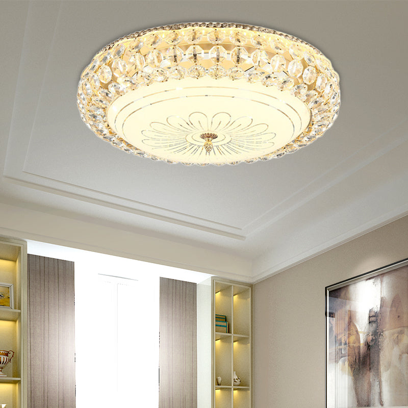 Contemporary Frosted Glass Led Ceiling Light With K9 Crystal In Gold - 12/16 Wide