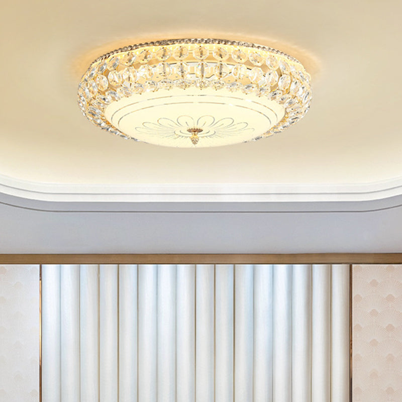 Contemporary Frosted Glass Led Ceiling Light With K9 Crystal In Gold - 12/16 Wide / 16