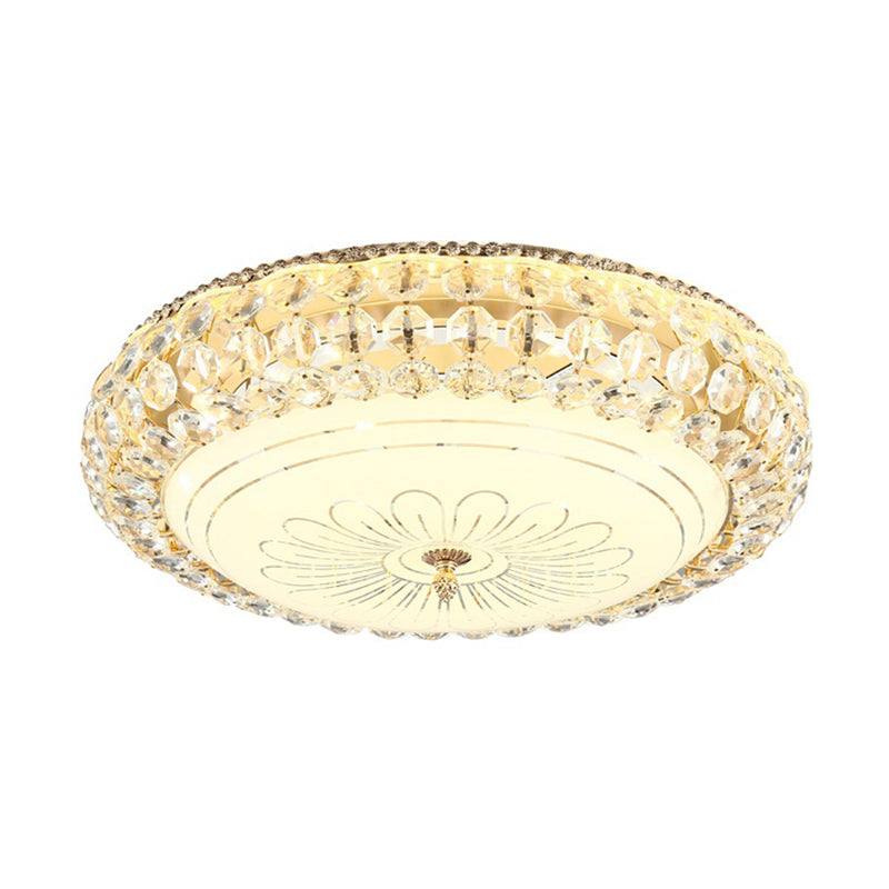 Contemporary Frosted Glass Led Ceiling Light With K9 Crystal In Gold - 12/16 Wide