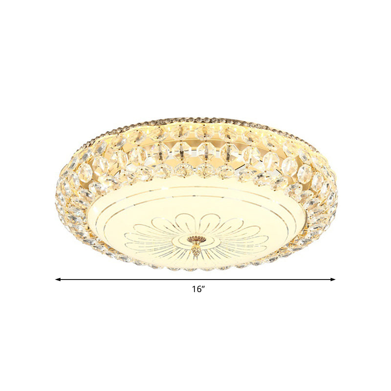 Contemporary Frosted Glass Led Ceiling Light With K9 Crystal In Gold - 12/16 Wide