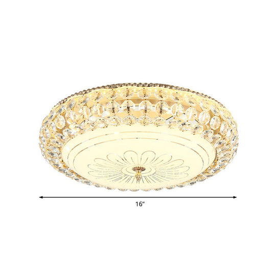 Contemporary Frosted Glass Led Ceiling Light With K9 Crystal In Gold - 12/16 Wide