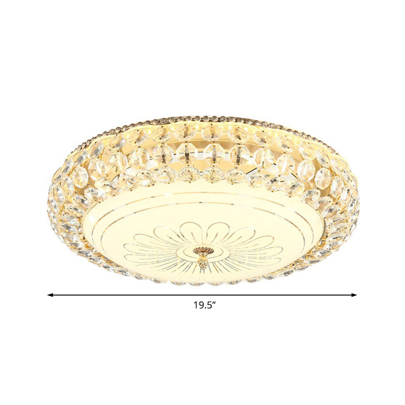 Contemporary Frosted Glass Led Ceiling Light With K9 Crystal In Gold - 12/16 Wide