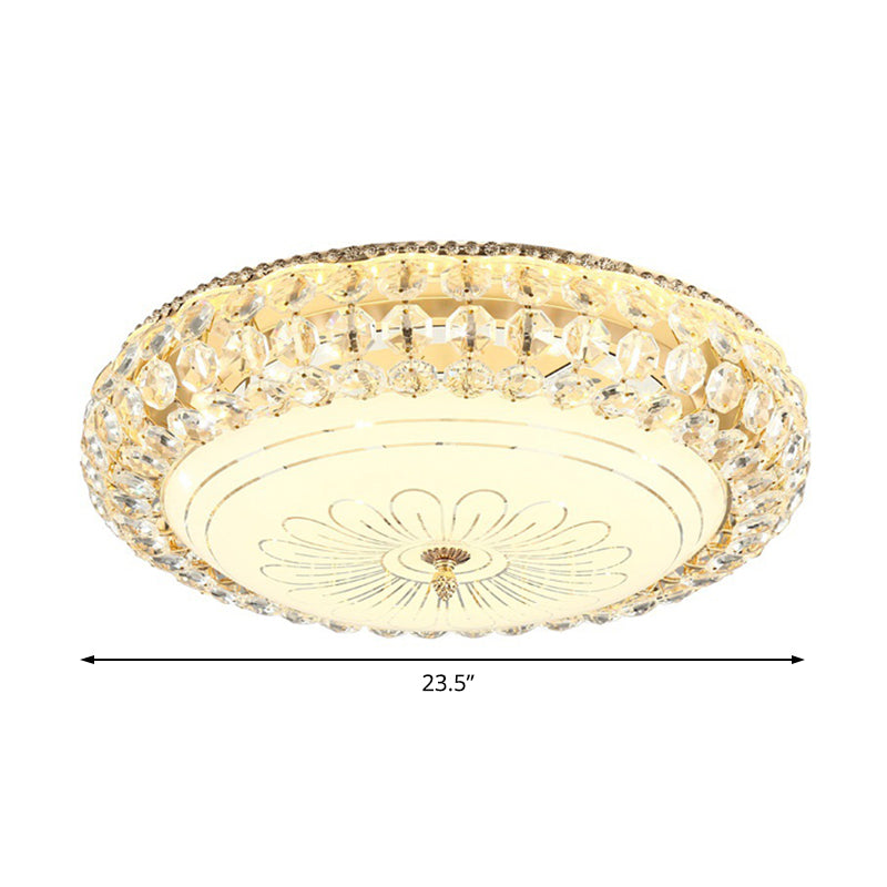 Contemporary Frosted Glass Led Ceiling Light With K9 Crystal In Gold - 12/16 Wide