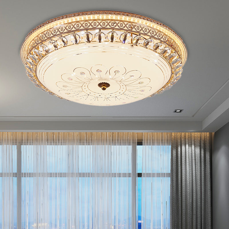 Modern Gold Flush Mount Ceiling Light With Opal Glass Led And Crystal Accent - 16/19.5 W Round For