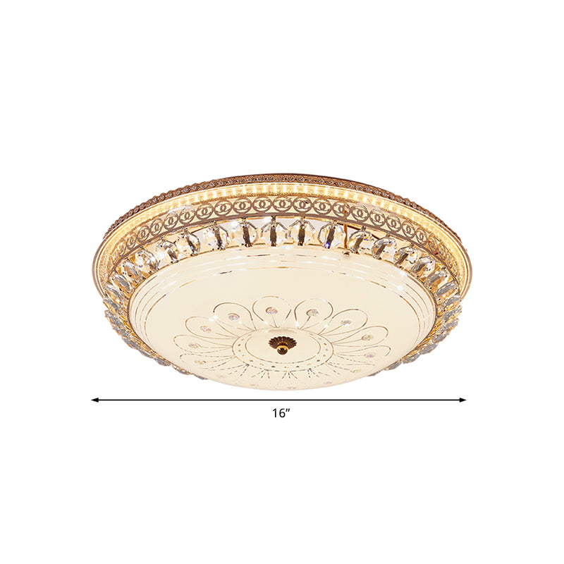 Modern Gold Flush Mount Ceiling Light With Opal Glass Led And Crystal Accent - 16/19.5 W Round For