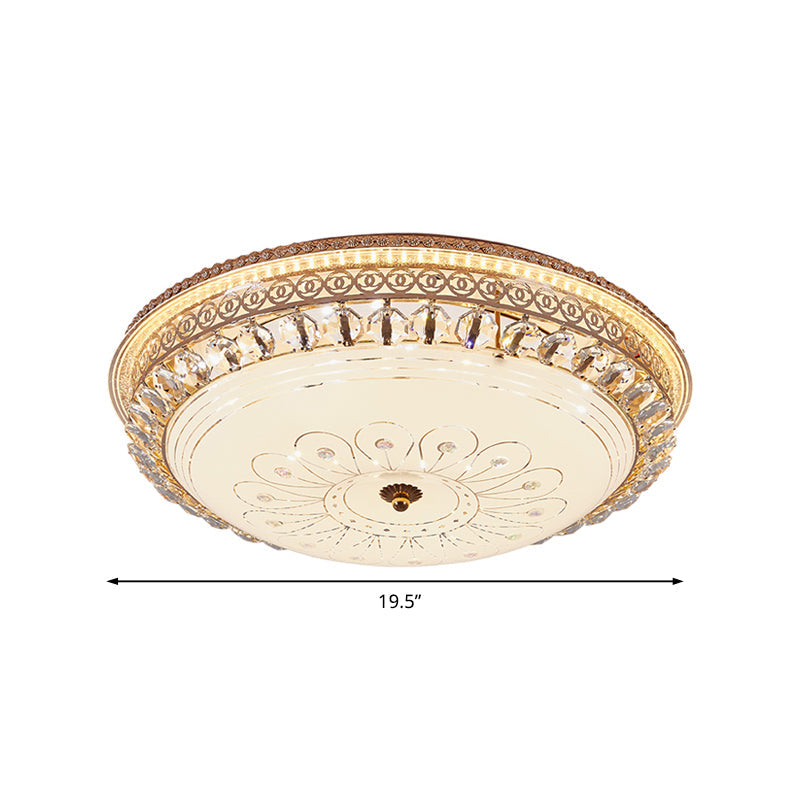 Plafonnier moderne à encastrer en or avec LED en verre opale et accent en cristal - Plafonnier rond de 16"/19,5" de largeur pour chambre à coucher