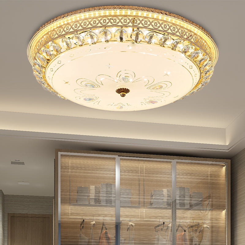 Modern Gold Flush Mount Ceiling Light With Opal Glass Led And Crystal Accent - 16/19.5 W Round For