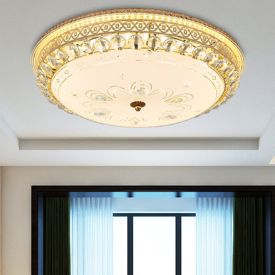 Modern Gold Flush Mount Ceiling Light With Opal Glass Led And Crystal Accent - 16/19.5 W Round For