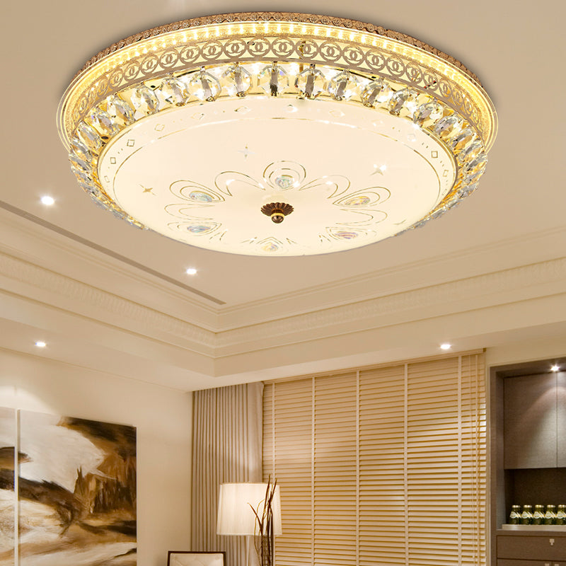 Modern Gold Flush Mount Ceiling Light With Opal Glass Led And Crystal Accent - 16/19.5 W Round For