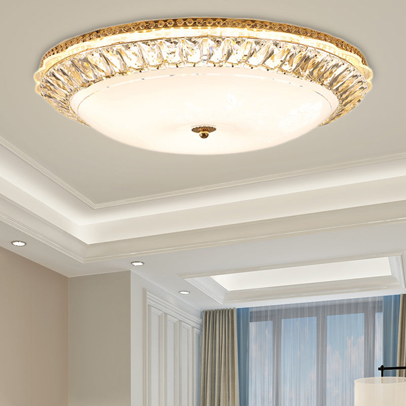 Contemporary Led Flush Mount Ceiling Light With Opal Glass Bowl And Crystal Accents - 12/16 Gold