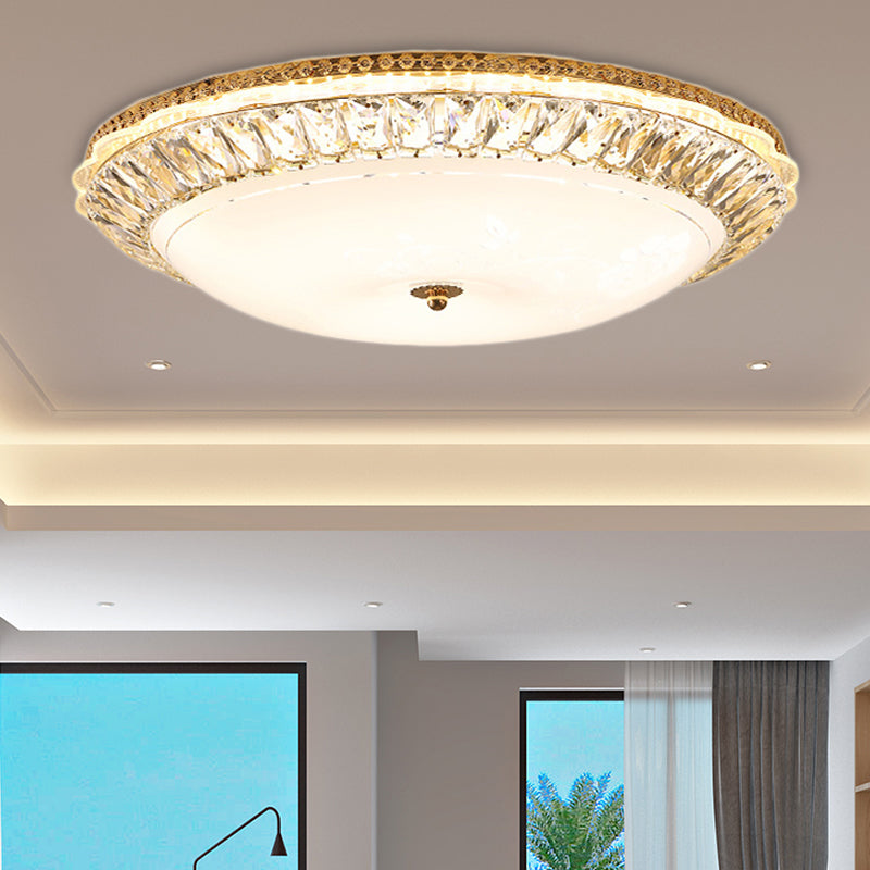 Contemporary Led Flush Mount Ceiling Light With Opal Glass Bowl And Crystal Accents - 12/16 Gold /