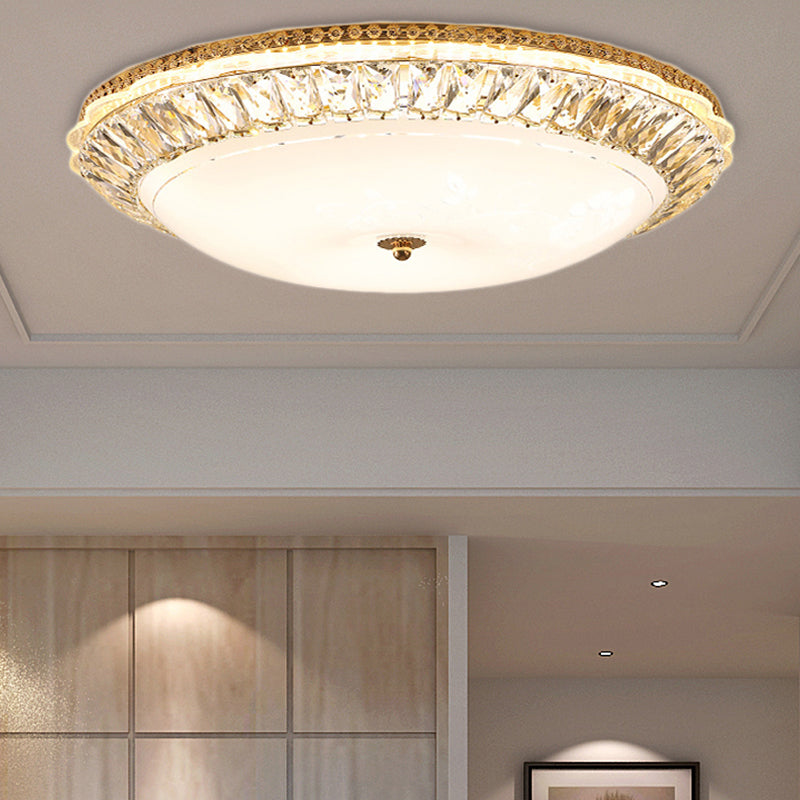 Contemporary Led Flush Mount Ceiling Light With Opal Glass Bowl And Crystal Accents - 12/16 Gold /