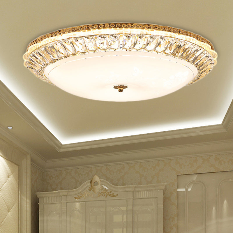 Contemporary Led Flush Mount Ceiling Light With Opal Glass Bowl And Crystal Accents - 12/16 Gold /