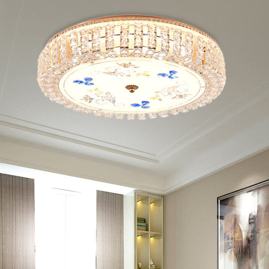 Golden Drum Flushmount Lighting: Modern Crystal And Glass Multi Light Ceiling Lamp (16/19.5 W) With