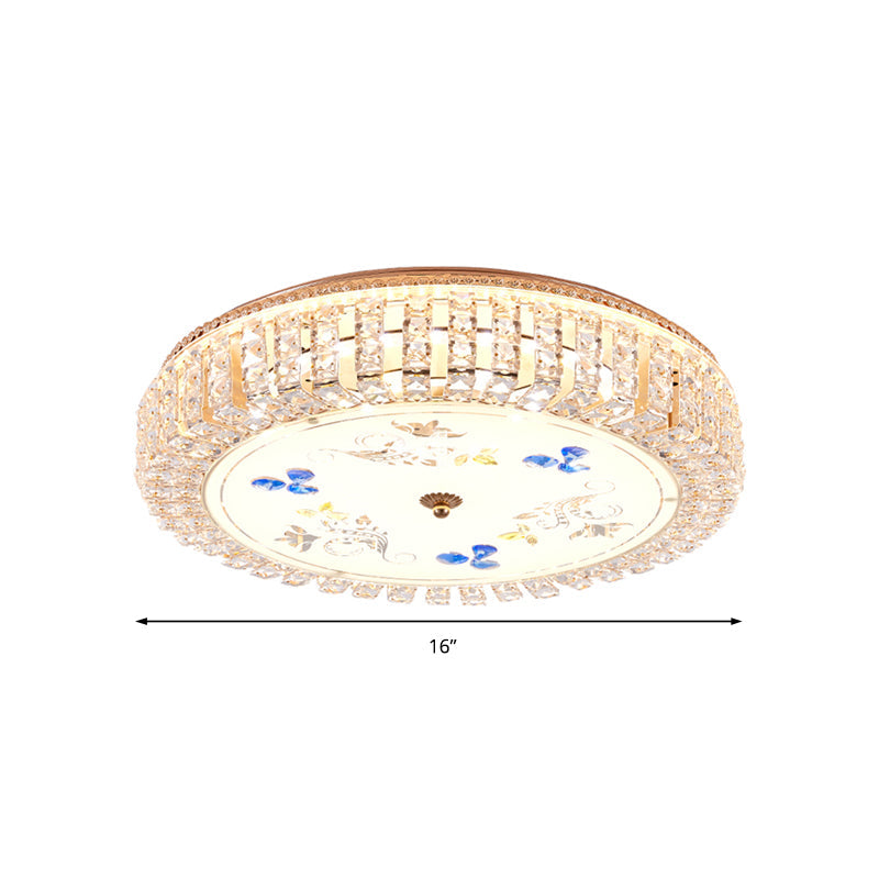 Golden Drum Flushmount Lighting: Modern Crystal And Glass Multi Light Ceiling Lamp (16/19.5 W) With