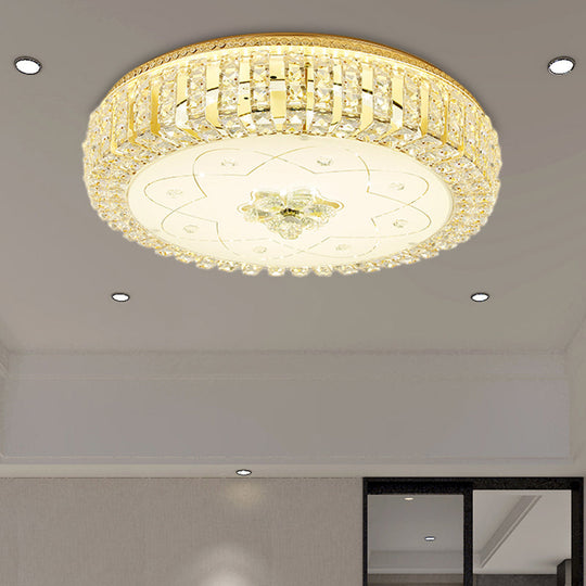 Golden Drum Flushmount Lighting: Modern Crystal And Glass Multi Light Ceiling Lamp (16/19.5 W) With