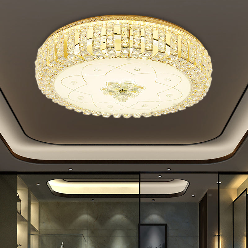 Golden Drum Flushmount Lighting: Modern Crystal And Glass Multi Light Ceiling Lamp (16/19.5 W) With