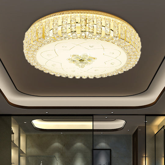 Golden Drum Flushmount Lighting: Modern Crystal And Glass Multi Light Ceiling Lamp (16/19.5 W) With