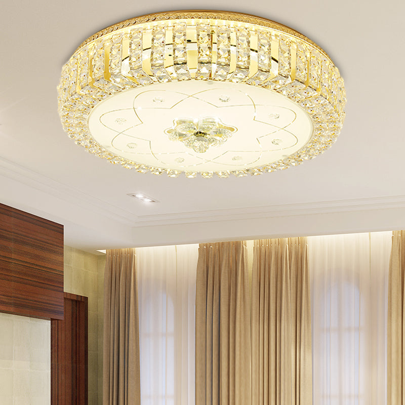 Golden Drum Flushmount Lighting: Modern Crystal And Glass Multi Light Ceiling Lamp (16/19.5 W) With