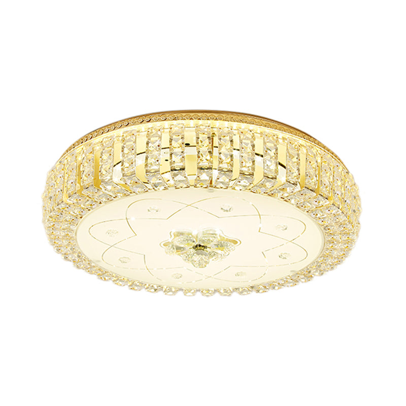 Golden Drum Flushmount Lighting: Modern Crystal And Glass Multi Light Ceiling Lamp (16/19.5 W) With