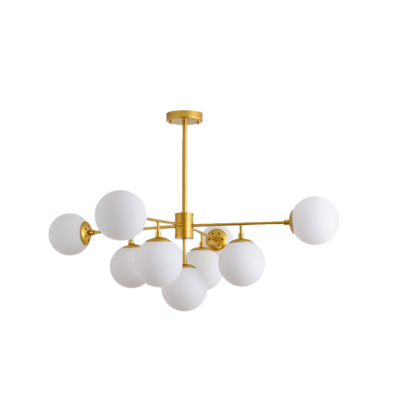 Modern Black/Gold Branch Chandelier - 7/9/11-Light Iron Pendant With White Glass Ball Shade