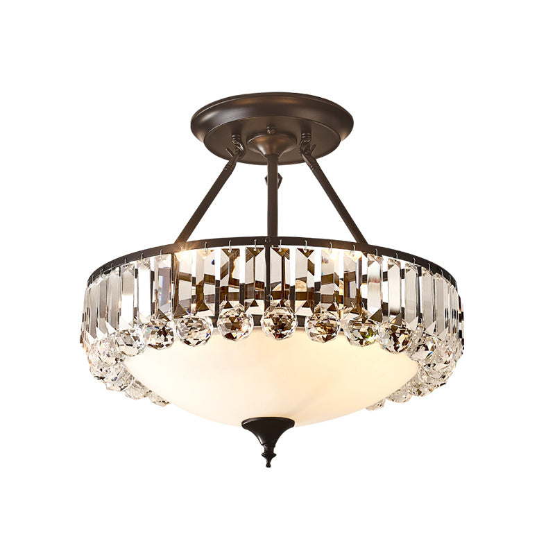 Vintage Round Semi Flush Ceiling Light - Clear K9 Crystal & Milk Glass - 4 Lights - Black Finish