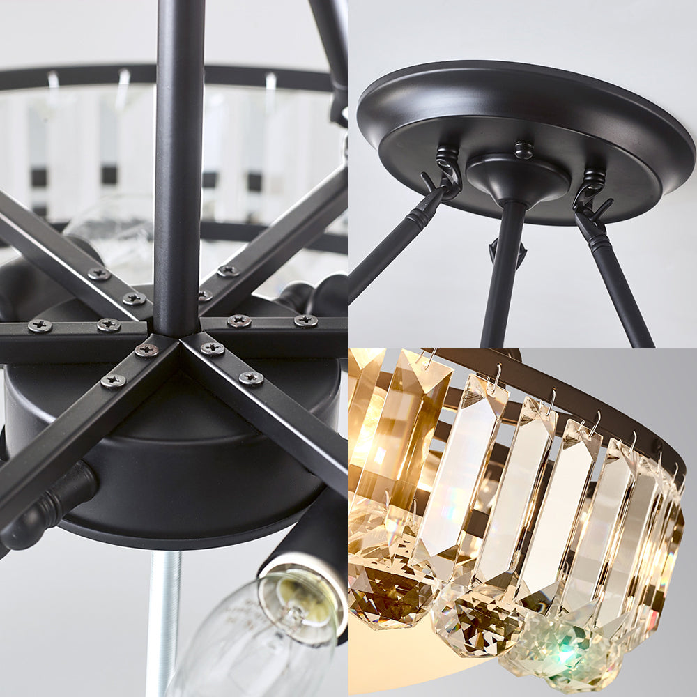 Vintage Round Semi Flush Ceiling Light - Clear K9 Crystal & Milk Glass - 4 Lights - Black Finish