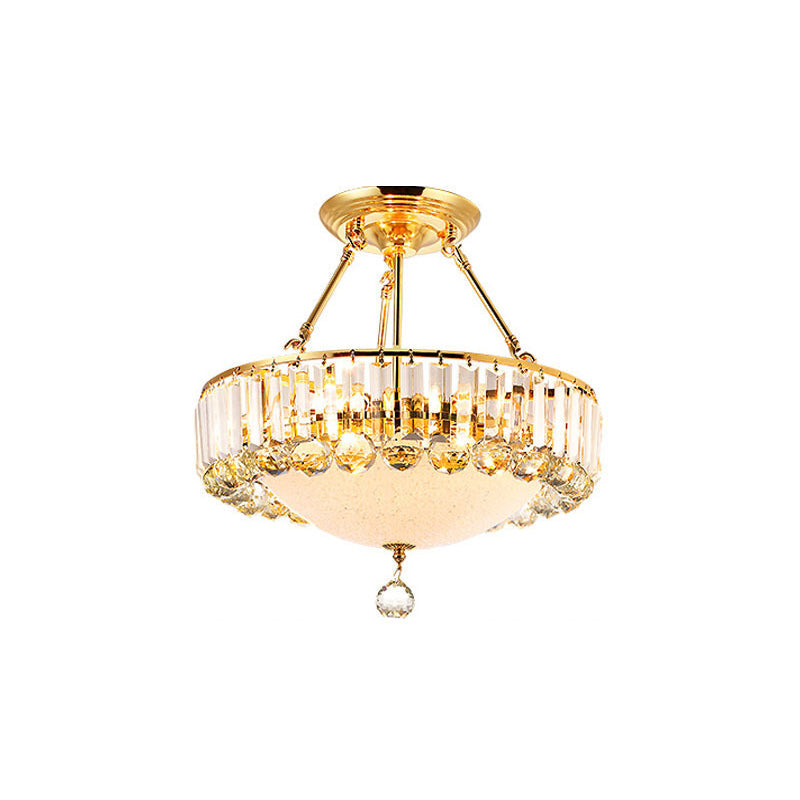 Vintage Gold Drum Semi Mount Lighting with Crystal Accents and Milk Glass Diffuser