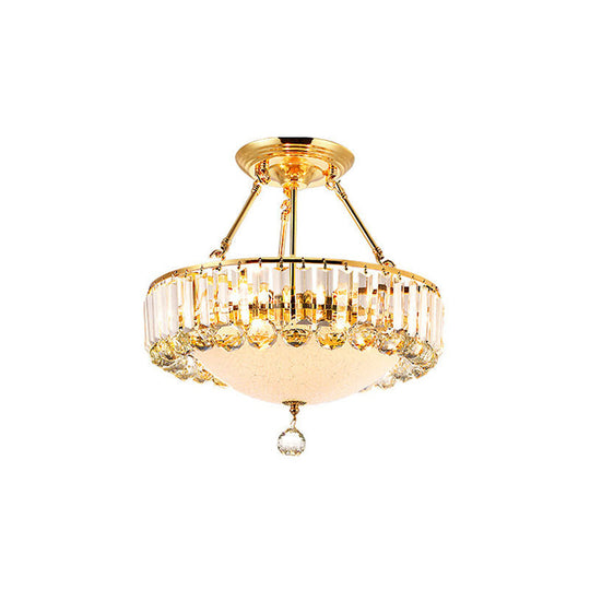 Vintage Gold Drum Semi Mount Lighting with Crystal Accents and Milk Glass Diffuser