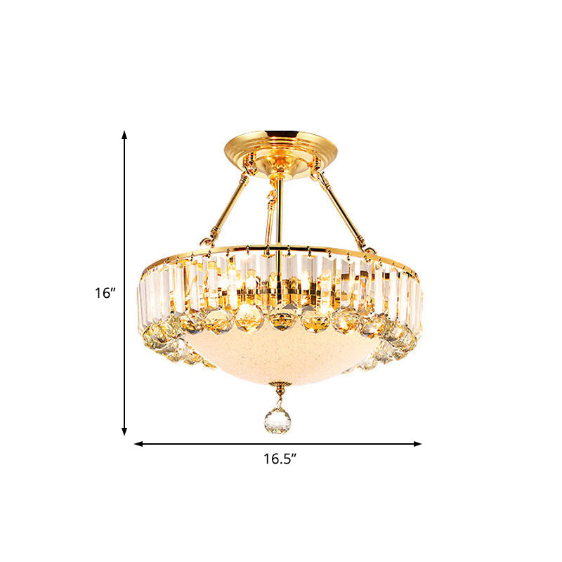 Vintage Gold Drum Semi Mount Lighting with Crystal Accents and Milk Glass Diffuser