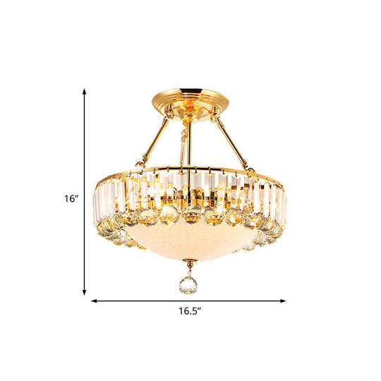 Vintage Gold Drum Semi Mount Lighting With Crystal Accents And Milk Glass Diffuser