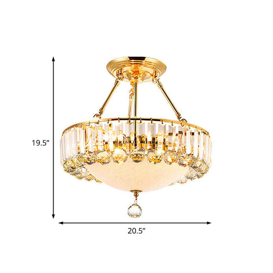 Vintage Gold Drum Semi Mount Lighting with Crystal Accents and Milk Glass Diffuser