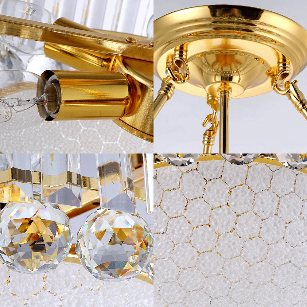 Vintage Gold Drum Semi Mount Lighting with Crystal Accents and Milk Glass Diffuser