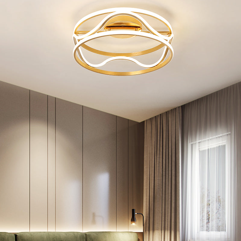 Modern Metal Gold Drum Flush Mount Ceiling Light – LED Ceiling Fixture for Bedroom, Warm/White, 18"/23.5" Width