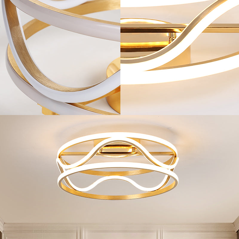 Modern Metal Gold Drum Flush Mount Ceiling Light – LED Ceiling Fixture for Bedroom, Warm/White, 18"/23.5" Width